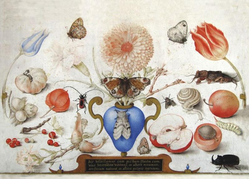 Vase with marigold, other flowers and butterflies, surrounded by flora and fauna