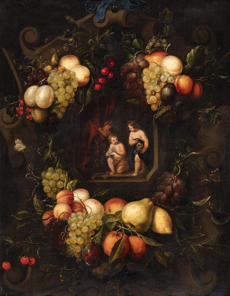 Three Putti with Vanitas Symbols within a Decorated Cartouche