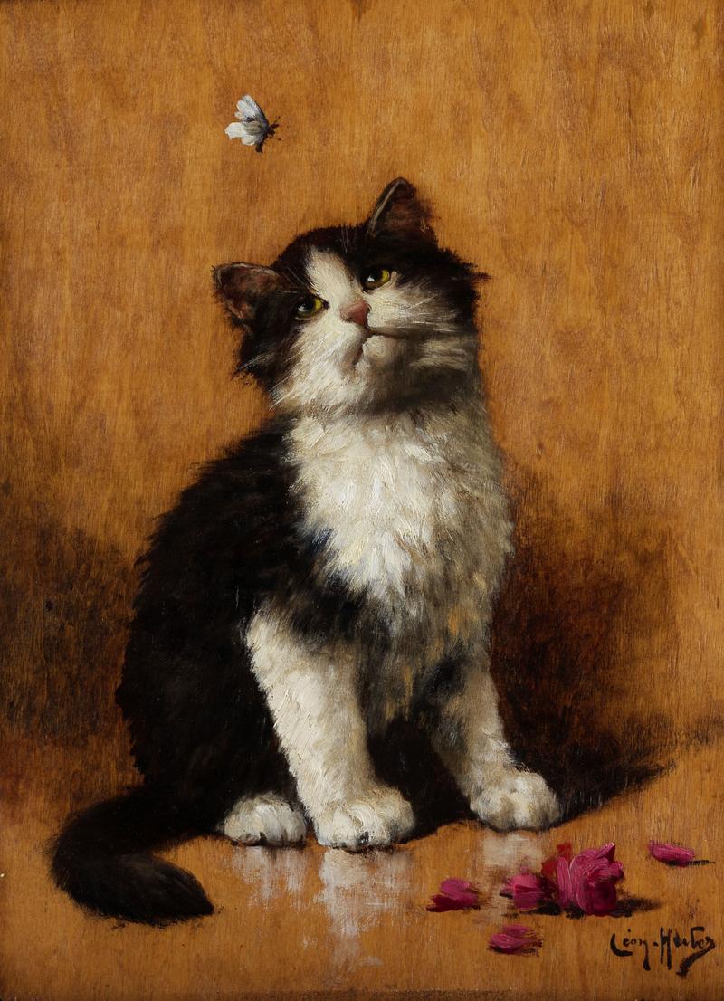 Léon Huber Kätzchen mit Schmetterling