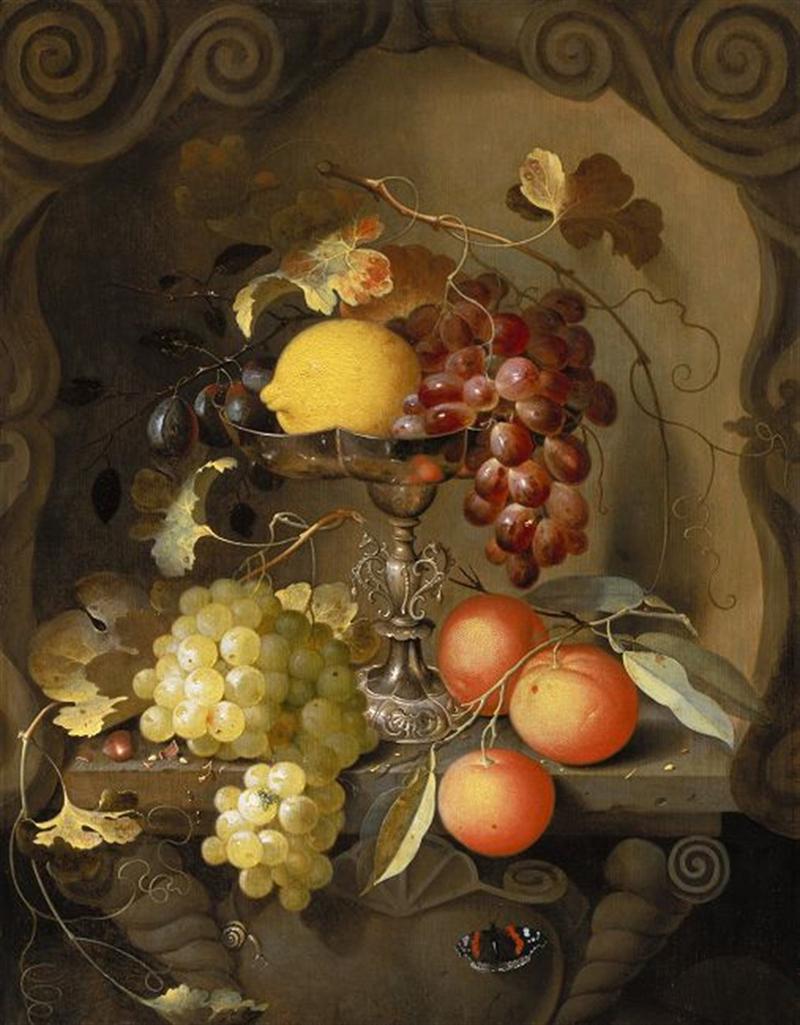 Still life of fruit on and around a tazza, in a niche title QS:P1476,en:"Still life of fruit on and around a tazza, in a niche " label QS:Len,"Still life of fruit on and around a tazza, in a niche " label QS:Lnl,"Stilleven van vruchten in en rondom een tazza in een nis"