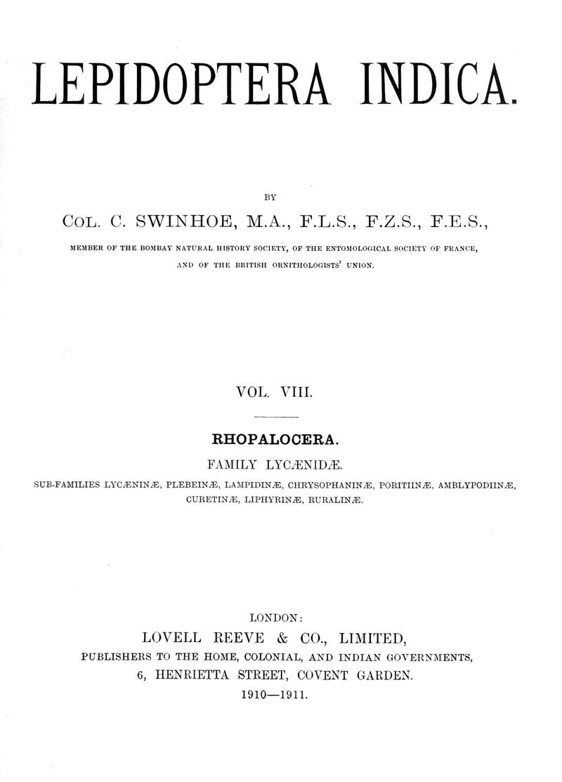 Dedication of Lepidoptera Indica Volume 8