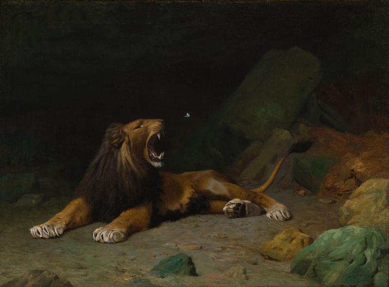 Lion tentant de saisir un papillon