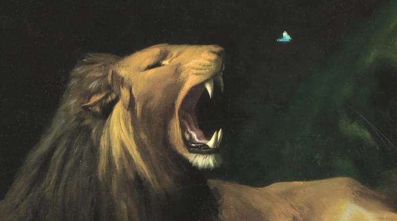 Lion tentant de saisir un papillon gerome détail