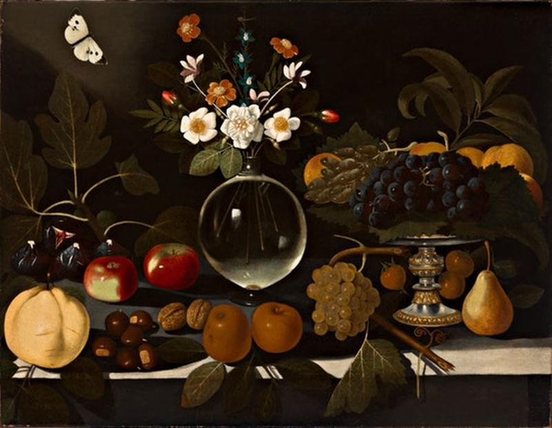 Maestro di Hartford - Alzatina con uva e pesche, vaso di fiori, frutta e farfalla, ca. 1600 - ca. 1602