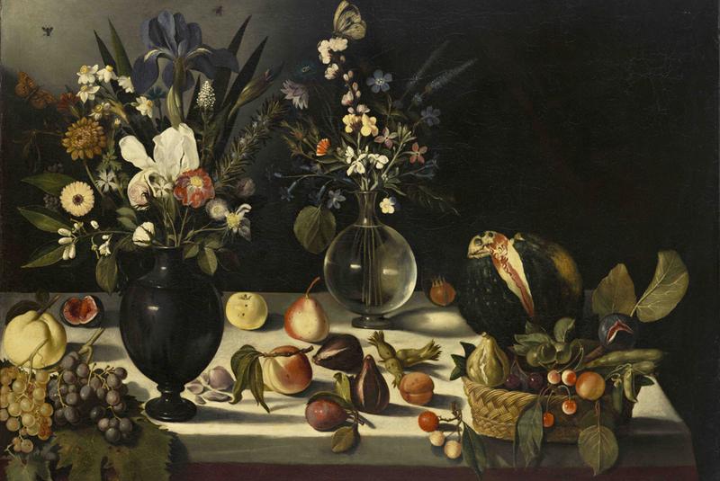 A Table Laden with Flowers and Fruit