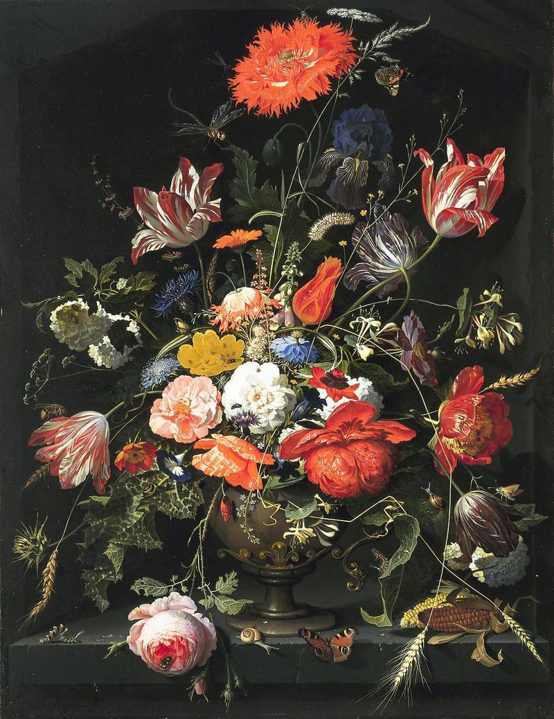 Flowers in a Metal Vase label QS:Lnl,"Bloemen in een metalen vaas in een nis" label QS:Len,"Flowers in a metal vase in a niche" label QS:Lde,"Blumen mit einer Metallvase in einer Nische"