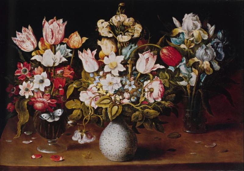 Still life with three vases of flowers label QS:Len,"Still life with three vases of flowers "