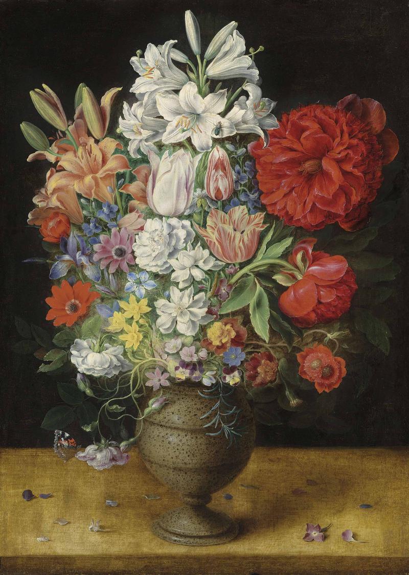 Flowers in a German tigerware vase, with a bluebottle fly and a Red Admiral butterfly, on a ledge