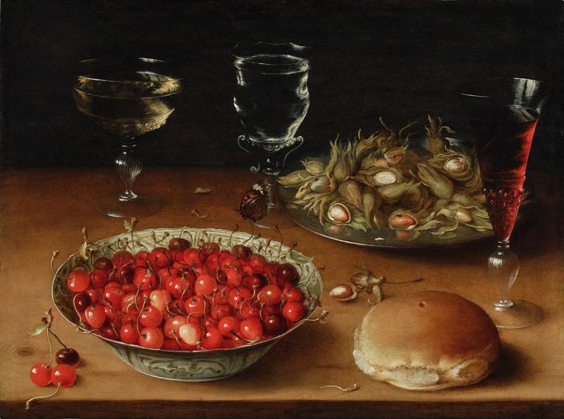 Still Life with Cherries in a Wanli Porcelain Bowl, Hazelnuts on a Pewter Platter, and Three façon-de-Venice Wine Glasses label QS:Len,"Still Life with Cherries in a Wanli Porcelain Bowl, Hazelnuts on a Pewter Platter, and Three façon-de-Venice Wine Glasses "