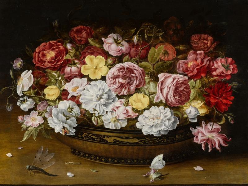 Still life of roses in an oriental lacquer and canework bowl, on a ledge with a butterfly and dragonfly label QS:Len,"Still life of roses in an oriental lacquer and canework bowl, on a ledge with a butterfly and dragonfly "