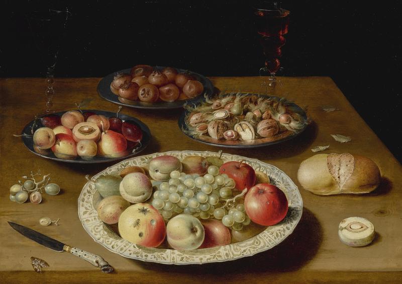 Still life on a plain wooden table: a large wanli porcelain dish of fruit, a pewter dish of fruit, medlars and nuts, a moth, two venetian-style glasses of wine, one white and the other red, a knife with an ornamental handle, white grapes, a roll of bread and half a peach