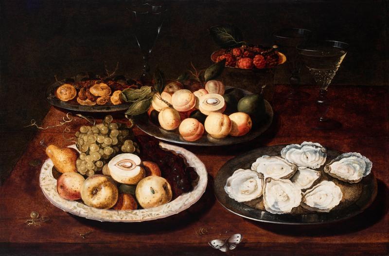 Still life with oysters, fruit and glasses on a table label QS:Len,"Still life with oysters, fruit and glasses on a table "