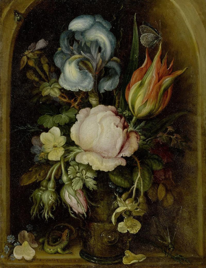 Dutch: Stilleven van siervaatwerk, gevogelte en haas Flower bouquet in a glass vase in a niche with a lizard and a dragonfly, 1612 title QS:P1476,nl:"Stilleven van siervaatwerk, gevogelte en haas " label QS:Lnl,"Stilleven van siervaatwerk, gevogelte en haas " label QS:Len,"Flower bouquet in a glass vase in a niche with a lizard and a dragonfly, 1612"