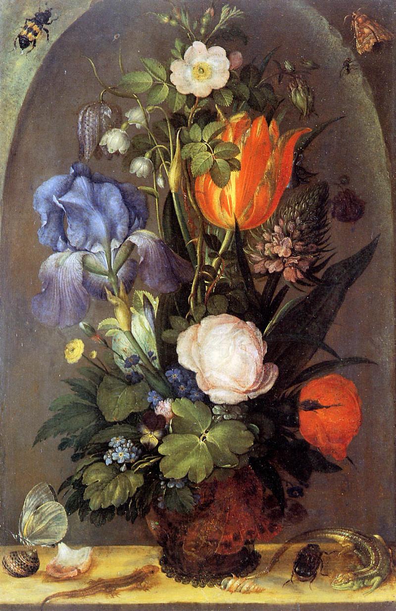 Flowers in a glass vase with lizards, shells and insects in a niche label QS:Lfr,"Bouquet de flours aver deux lézards" label QS:Lnl,"Bloemstuk met twee hagedissen" label QS:Len,"Flower Still Life with Two Lizards"
