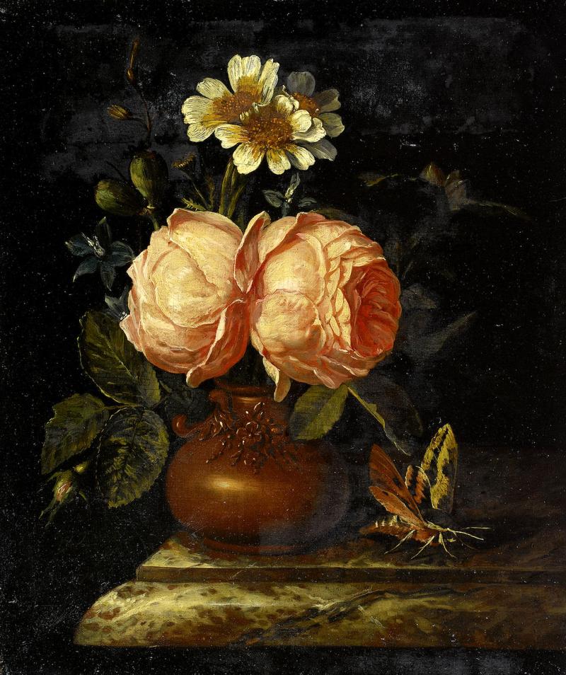 Roses in an earthenware vase on a marble ledge label QS:Len,"Roses in an earthenware vase on a marble ledge" label QS:Lde,"Blumenstilleben mit Wolfsmilchschwärmer"