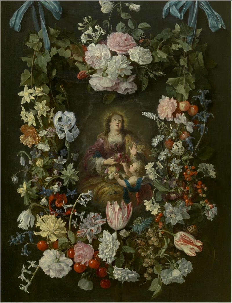 German: Madonna in einem Blumenkranz St Dorothea of Caesarea in a Flower Garland title QS:P1476,de:"Madonna in einem Blumenkranz " label QS:Lde,"Madonna in einem Blumenkranz " label QS:Len,"St Dorothea of Caesarea in a Flower Garland" label QS:Lnl,"Heilige Dorothea van Caesarea in een bloemenkrans"