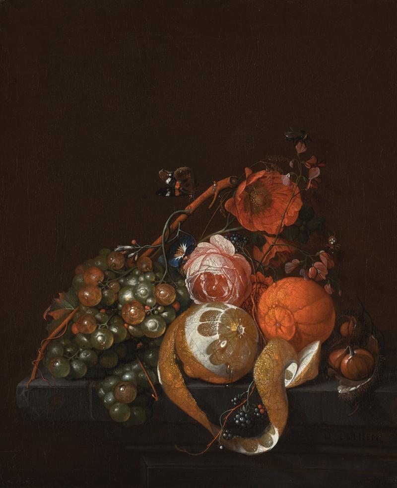 Still life with flowers, a lemon, a tangerine and other fruit