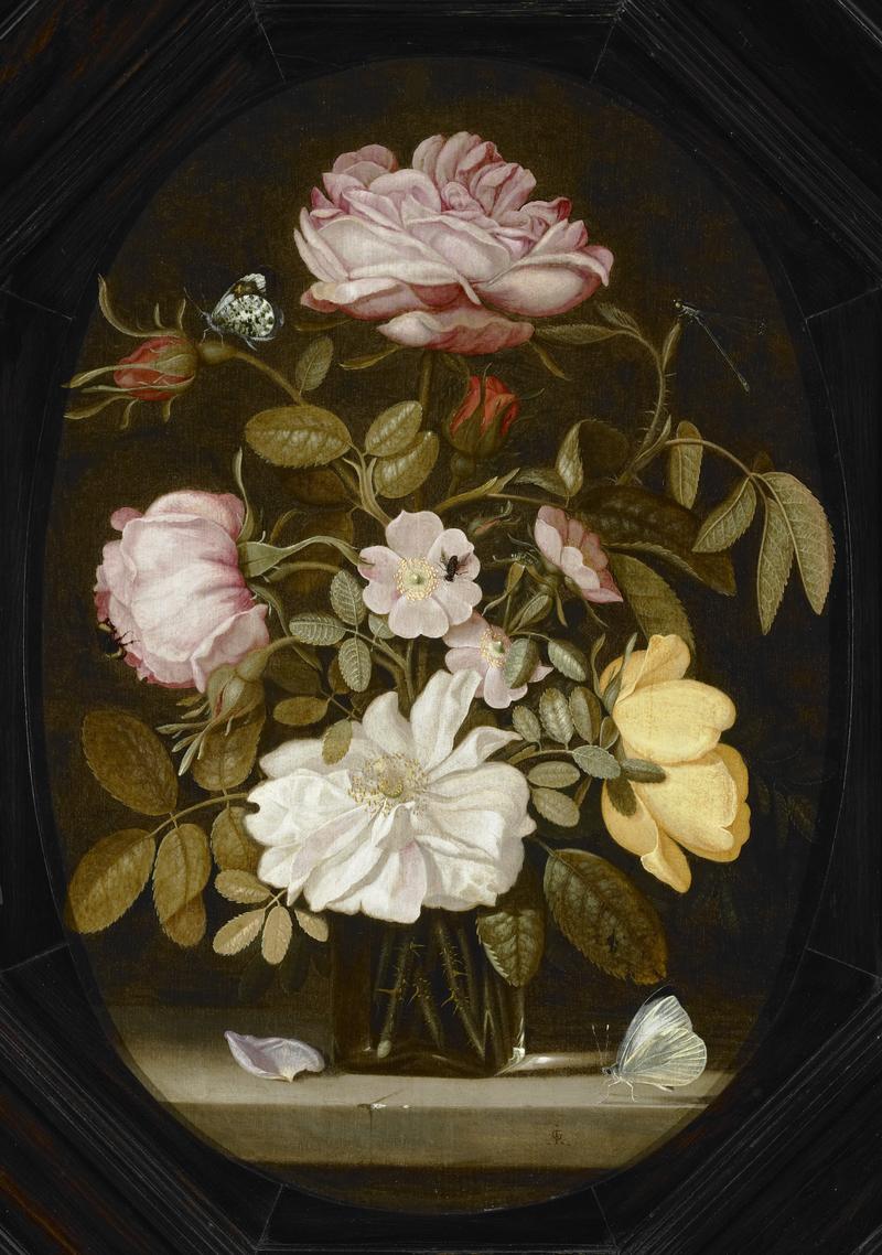 Stilleven met boeket rozen in een glazen vaas