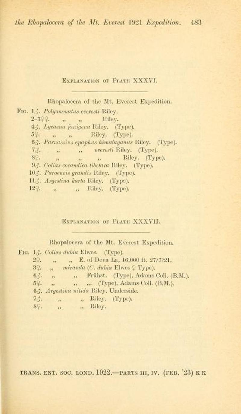 Riley 1923 The Rhopalocera of the Mt Everest 1921 Expedition Trans ent Soc Lond 1922 34 Plate text