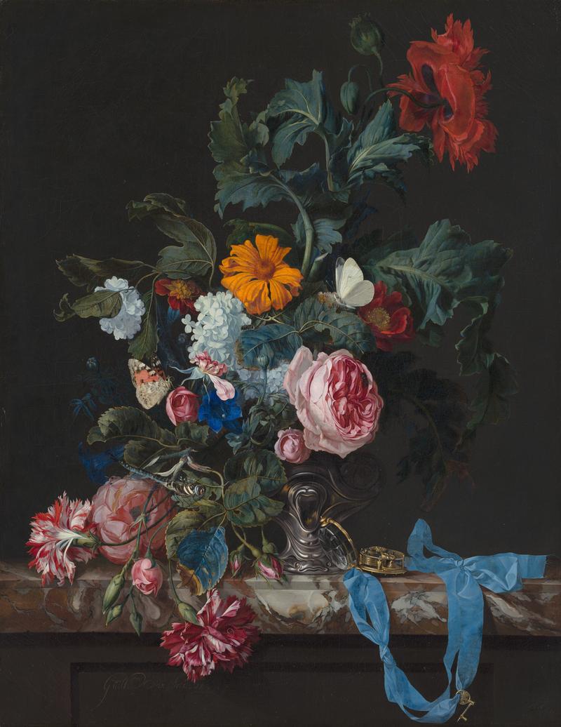 Flower Still Life with a Timepiece title QS:P1476,en:"Flower Still Life with a Timepiece " label QS:Len,"Flower Still Life with a Timepiece " label QS:Lit,"natura morta floreale con orologio" label QS:Lfr,"Nature morte aux fleurs avec une montre" label QS:Luk,"Квіти в срібній вазі" label QS:Lnl,"Bloemstilleven met horloge" label QS:Lde,"Blumenstilleben mit Uhr" label QS:Lhy,"Ծաղիկներով նատյուրմորտ ժամացույցի հետ"