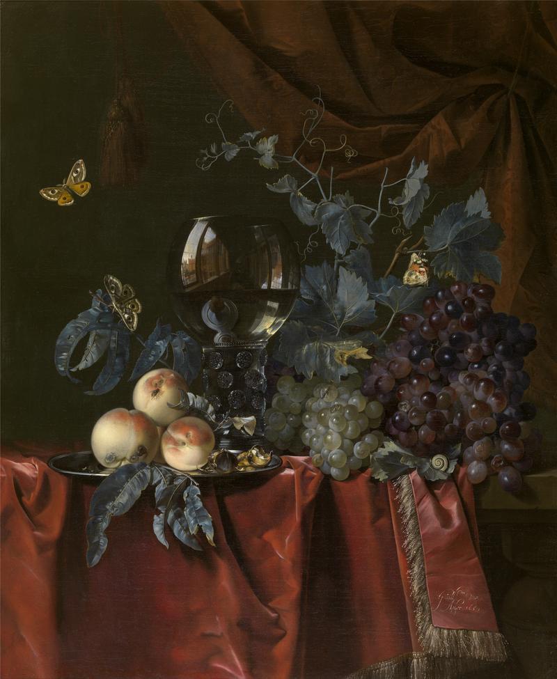 Still life of fruits and a wineglass on a tablecloth title QS:P1476,en:"Still life of fruits and a wineglass on a tablecloth " label QS:Len,"Still life of fruits and a wineglass on a tablecloth " label QS:Lnl,"Vruchten en wijnglas"